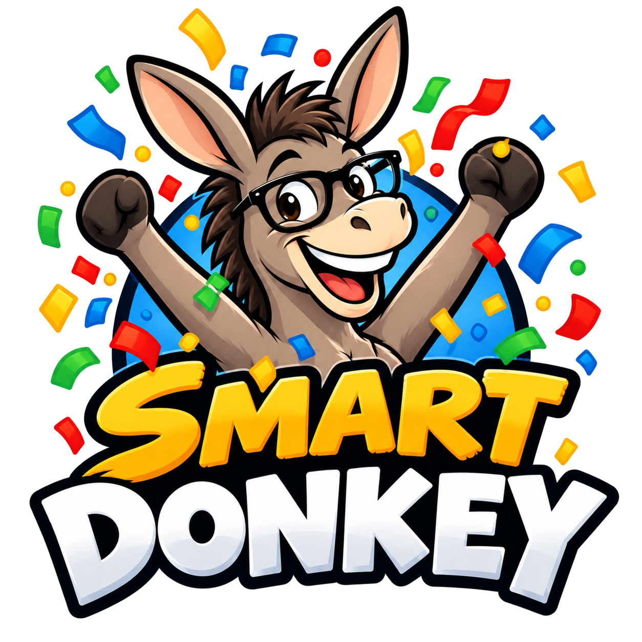 The Smart Donkey mascot celebrating